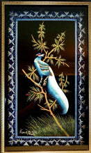 Load image into Gallery viewer, Framed embroidered bird tapestry, embroidered blue silk pheasant on black velvet with ornate border, zardozi tapestry. 
