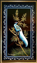 Load image into Gallery viewer, Framed embroidered bird tapestry, embroidered blue silk pheasant on black velvet with ornate border, zardozi tapestry.