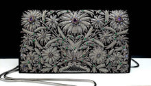 Load image into Gallery viewer, Luxury silver embroidered black velvet handbag with chain, embellished with genuine amethyst stones, zardozi embroidery.