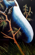 Load image into Gallery viewer, Framed embroidered bird tapestry, embroidered blue silk pheasant on black velvet with ornate border, zardozi art, close up view of tail and talons.