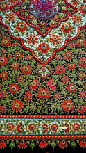 Load image into Gallery viewer, Large luxury hand embroidered red floral silk tapestry wall hanging with star rubies, zardozi jewel carpet wall art, framed, close up view of central medallion.