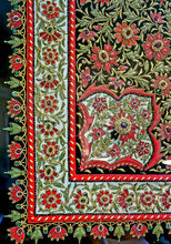 Load image into Gallery viewer, Large luxury hand embroidered red floral silk tapestry wall hanging with star rubies, zardozi jewel carpet wall art, framed, close up view of border.