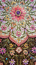 Load image into Gallery viewer, Statement large exclusive luxury hand embroidered silk floral tapestry with star rubies, framed zardozi jewel carpet wall art, close up view.
