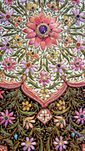 Load image into Gallery viewer, Statement large exclusive luxury hand embroidered silk floral tapestry with star rubies, framed zardozi jewel carpet wall art, close up view.
