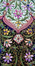 Load image into Gallery viewer, One of a kind, statement large exclusive luxury hand embroidered silk floral tapestry with star rubies, framed zardozi jewel carpet wall art, close up view.

