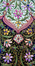 Load image into Gallery viewer, One of a kind, statement large exclusive luxury hand embroidered silk floral tapestry with star rubies, framed zardozi jewel carpet wall art, close up view.
