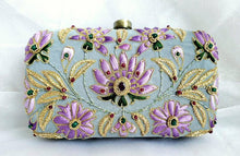 Load image into Gallery viewer, Luxury gray velvet box clutch minaudiere clutch bag with lavender silk embroidery and ruby gemstones. 

