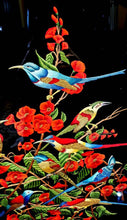 Load image into Gallery viewer, Birds of Paradise hand embroidered silk tapestry of eight colorful birds in a red flower bush, close up view.