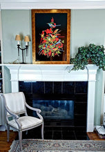 Load image into Gallery viewer, Framed needlepoint wall art, Birds of Paradise hand embroidered silk tapestry of eight colorful birds in a red flower bush, masterpiece of zardozi art, hanging over a fireplace in a room.