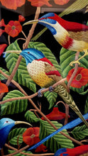 Load image into Gallery viewer, Birds of POne of a kind silk and velvet tapestry of eight colorful birds in a red flower bush, needlepoint art.
