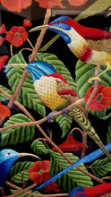 Load image into Gallery viewer, Birds of POne of a kind silk and velvet tapestry of eight colorful birds in a red flower bush, needlepoint art.