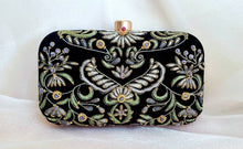 Load image into Gallery viewer, Wings of Isis black velvet clutch bag evening bag embroidered in gray silk and embellished with blue chalcedony stones, zardozi purse. 
