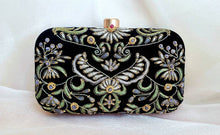 Load image into Gallery viewer, Wings of Isis black velvet clutch bag evening bag embroidered in gray silk and embellished with blue chalcedony stones, zardozi purse.