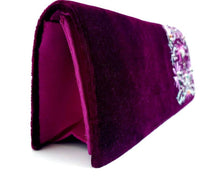 Load image into Gallery viewer, Magenta velvet clutch bag hand embroidered with pink silk flowers and embellished with genuine semi precious stones, zardozi purse, side view.