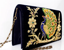 Load image into Gallery viewer, Peacock embroidered black velvet clutch, zardozi evening bag, side view.