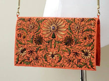 Load image into Gallery viewer, Hand embroidered orange designer silk handbag