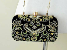Load image into Gallery viewer, Luxury black velvet box clutch minaudiere embroidered in gray silk with gold tone chain
