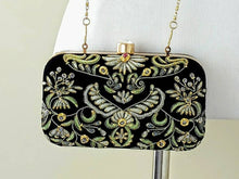 Load image into Gallery viewer, Luxury black velvet box clutch minaudiere embroidered in gray silk with gold tone chain