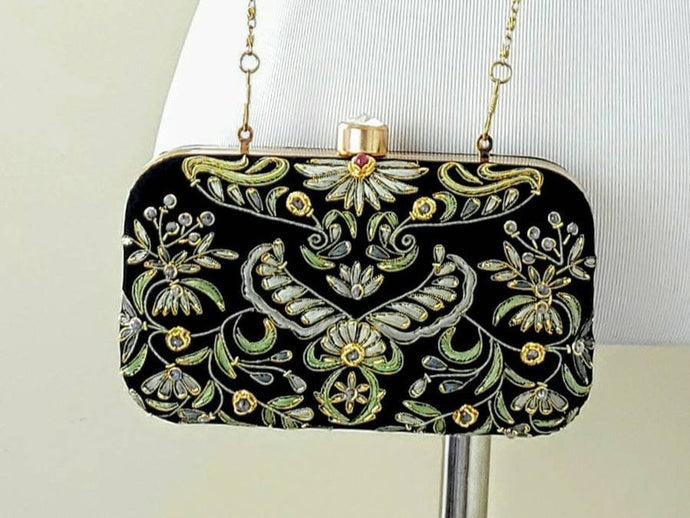 Luxury black velvet box clutch minaudiere embroidered in gray silk with gold tone chain