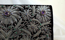 Load image into Gallery viewer, Formal black velvet couture handbag evening bag embroidered with antique silver flowers and inlaid with amethyst gemstones, zardozi purse. 
