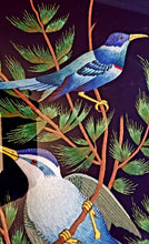 Load image into Gallery viewer, Embroidered birds wall art, three blue birds in a tree embroidered in silk on black velvet with ornate border, framed, zardozi art.