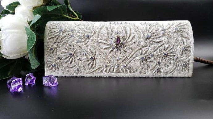 Ivory velvet clutch bag embroidered with silver lotus flowers and embellished with amethyst, zardozi evening bag. 