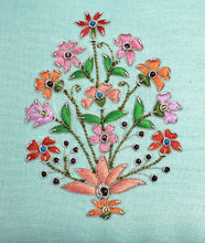 Load image into Gallery viewer, Blue silk silk jewelry box gift box embroidered with multicolor flowers, zardozi box, close up view.