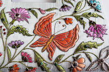 Load image into Gallery viewer, Gray silk top handle bag embroidered with silk butterflies and flowers and embellished with star rubies, zardozi purse, close up view.