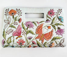 Load image into Gallery viewer, Gray silk top handle bag embroidered with silk butterflies and flowers and embellished with star rubies, zardozi purse.