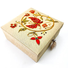 Load image into Gallery viewer, Gold silk jewelry box gift box embroidered with red butterfly and flowers, zardozi box.