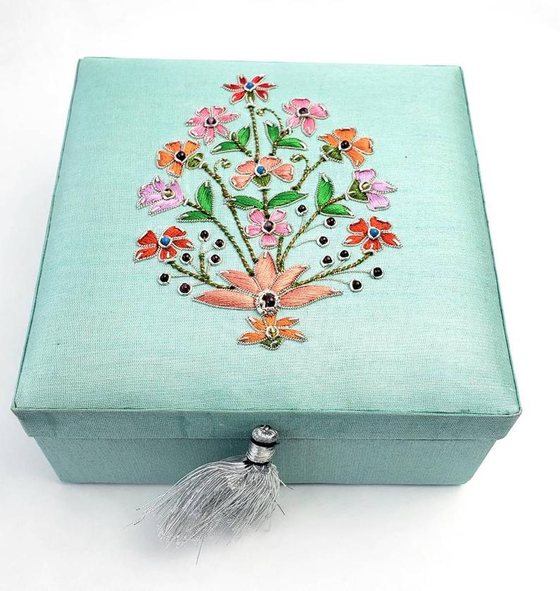 Blue silk wedding gift box embroidered with multicolor flowers, zardozi box. 