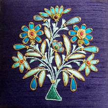 Load image into Gallery viewer, Small square navy silk gift box jewelry box embroidered with blue flowers, zardozi box, close up view.