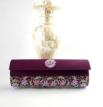 Load image into Gallery viewer, Maroon purple zardozi embroidered silk clutch bag with all over purple and pink floral design and embellished with emerald and star rubies.