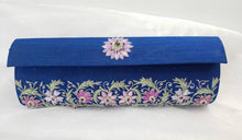 Load image into Gallery viewer, Blue Silk clutch bag embroidered with pink flowers and embellished with emerald and star rubies, zardozi purse.