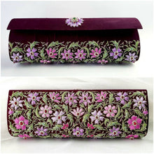Load image into Gallery viewer, Burgundy maroon silk zardozi evening bag clutch embroidered with pink and purple flowers and embellished with star rubies, front and back view