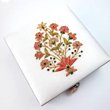 Load image into Gallery viewer, White silk wedding keepsake box embroidered with orange floral pattern, and ruby stone, zardozi box.