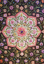 Load image into Gallery viewer, Large exclusive luxury hand embroidered silk floral tapestry with star rubies, framed zardozi jewel carpet wall art, close up view of central medallion. 

