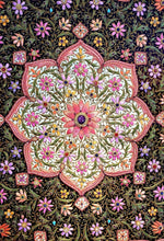 Load image into Gallery viewer, Large exclusive luxury hand embroidered silk floral tapestry with star rubies, framed zardozi jewel carpet wall art, close up view of central medallion.