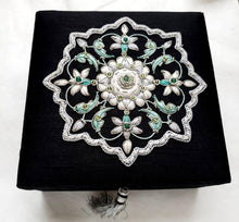 Load image into Gallery viewer, Black silk keepsake box embroidered with white and gray central floral medallion, zardozi box. 
