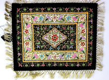 Load image into Gallery viewer, Small silk embroidered floral tapestry, multicolor silk flowers embroidered on black velvet in a carpet pattern, zardozi carpet tapestry.