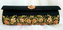 Load image into Gallery viewer, Luxury black silk clutch bag embroidered with orange flowers all over and embellished with ruby cabochons, zardozi purse.