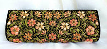 Load image into Gallery viewer, Designer black silk clutch bag embroidered with orange flowers all over and embellished with rubies, zardozi purse, back view.