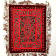 Load image into Gallery viewer, Hand embroidered Jewel carpet wall hanging, red flowers embroidered on burgundy red velvet, inlaid with agate stones, zardozi tapestry.