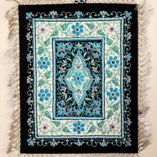 Load image into Gallery viewer, Embroidered blue jewel carpet wall hanging in floral pattern, embroidered turquoise blue flowers on black velvet tapestry, zardozi tapestry.