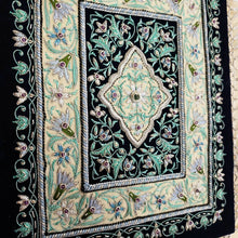 Load image into Gallery viewer, Embroidered gray floral tapestry, embroidered gray silk flowers on black velvet, zardozi jewel carpet tapestry, side view.