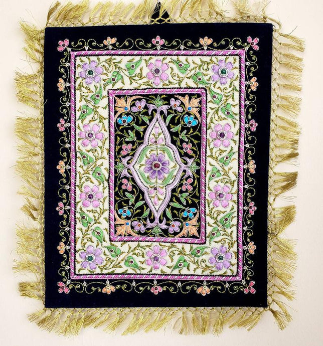 Embroidered lavender purple jewel carpet wall hanging in floral pattern, embroidered purple and pink flowers on black velvet tapestry, zardozi tapestry.