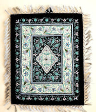 Load image into Gallery viewer, Embroidered gray floral tapestry, gray silk flowers embroidered on black velvet, zardozi jewel carpet tapestry.
