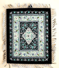 Load image into Gallery viewer, Embroidered gray floral tapestry, gray silk flowers embroidered on black velvet, zardozi jewel carpet tapestry.