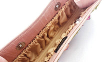 Load image into Gallery viewer, Satin lining peach silk zardozi clutch bag, with two gathered pockets and magnetic snap closures.