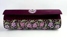 Load image into Gallery viewer, Maroon purple zardozi embroidered silk clutch bag with all over purple and pink floral design and embellished with emerald and star rubies.